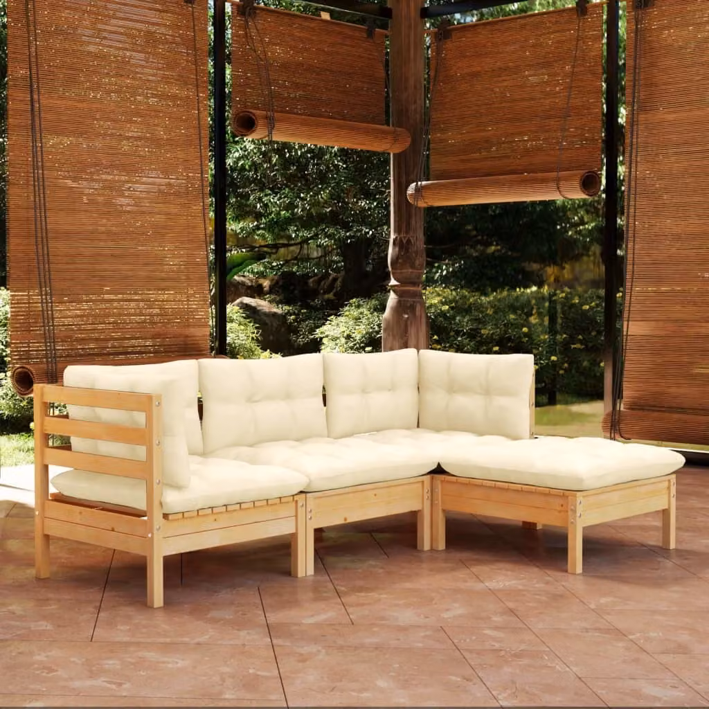 The Living Store Set da giardino 4 pezzi con cuscini crema legno di pino