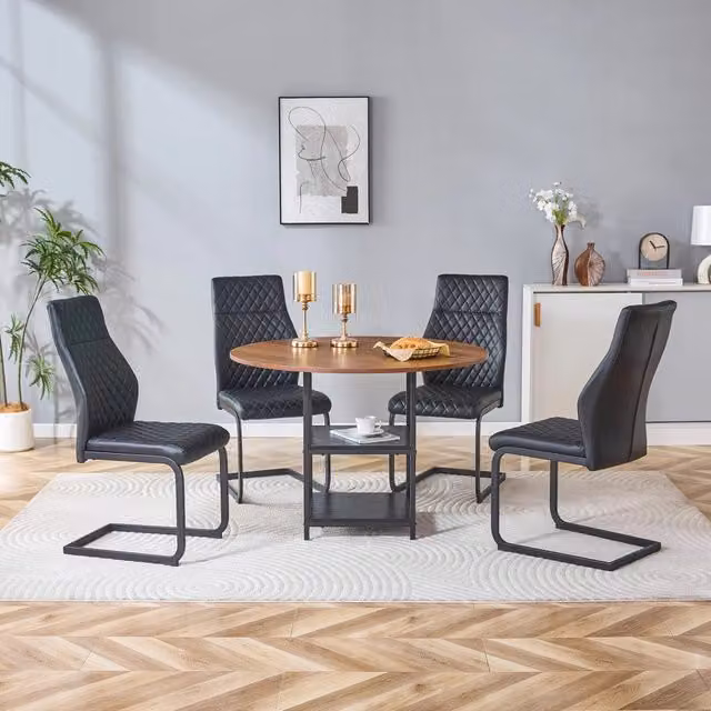 Set tavolo e sedie: tavolo rotondo 107 cm con doppio piano portaoggetti + 4 sedie da pranzo nere con motivo a rombi, in MDF e metallo, stile industriale