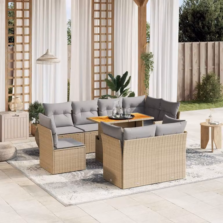 vidaXL Set Divano da Giardino a L 9 pz con Cuscini Beige e Grigio in Rattan e Acciaio