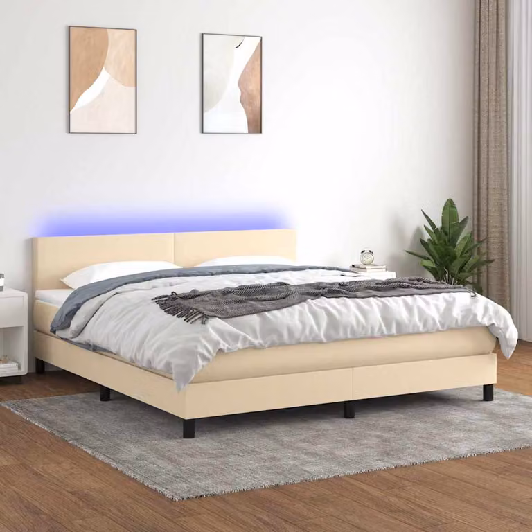 Letto a molle con materasso e illuminazione LED vidaXL in tessuto beige e bianco, L/P: 160 x 200 cm
