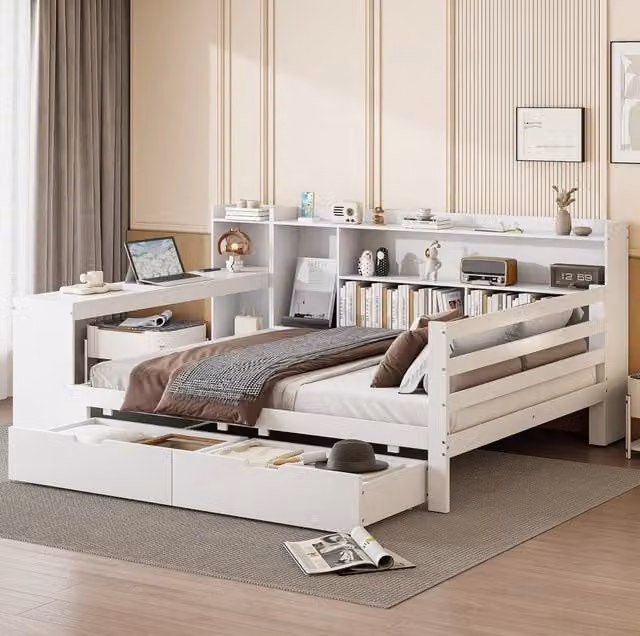 Divano letto 140x200 cm multifunzionale con scrivania e presa in legno bianco