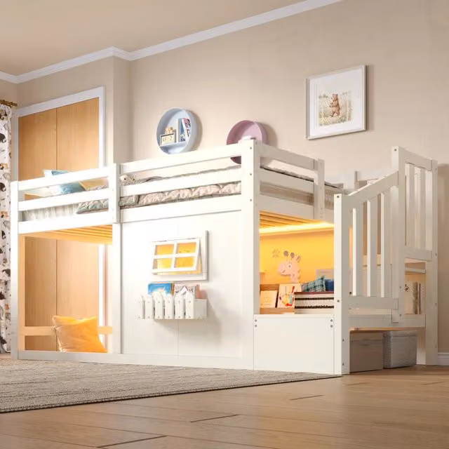 Letto a castello in legno di pino 90 x 200 cm con finestra, scala contenitore, striscia LED, Bianco (senza materasso)