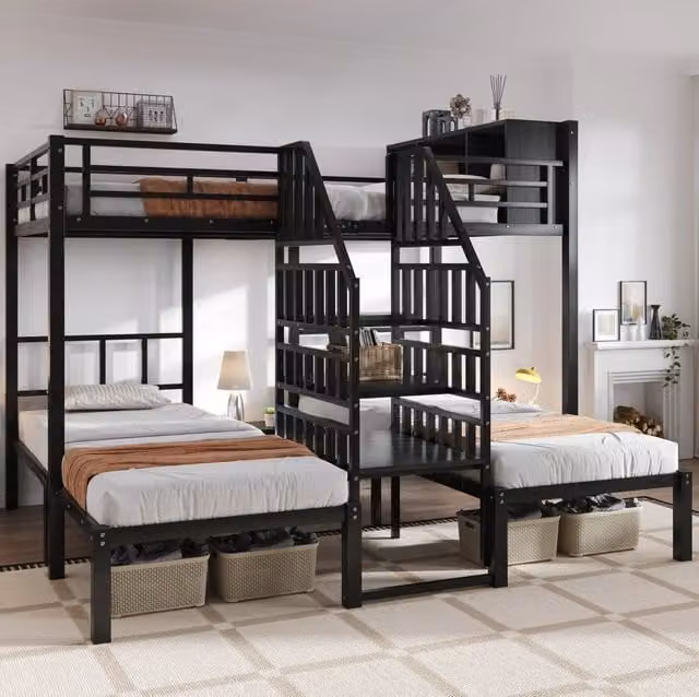 Letto a castello ULEVR in ferro nero, 3 posti letto 90x200 e 140x200 cm, scala con corrimano e vano contenitore