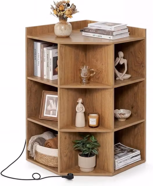 Libreria angolare a 3 livelli in legno marrone con stazione di ricarica USB e prese integrate, Mobile ad angolo moderno con 2 porte USB e 4 prese, L/P/H: 51.0 x 21.25 x 86.0 cm