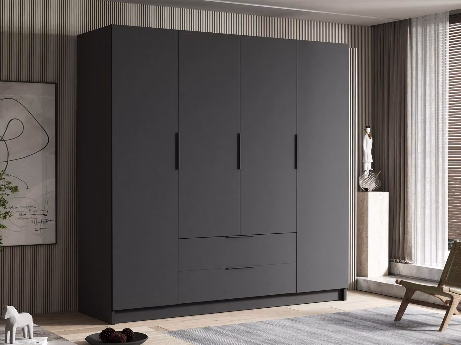 MIRJAN24 Armadio Sofia I 200, camera da letto, armadio ad ante battenti, con asta appendiabiti, moderno, armadio, maniglie in metallo (colore: nero + nero)