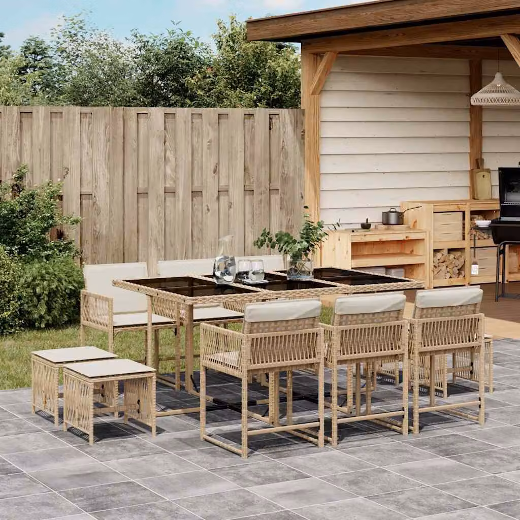 vidaXL Set da Pranzo da Giardino 11 pz in Polyrattan con Cuscini Beige e Piano in Vetro – 1