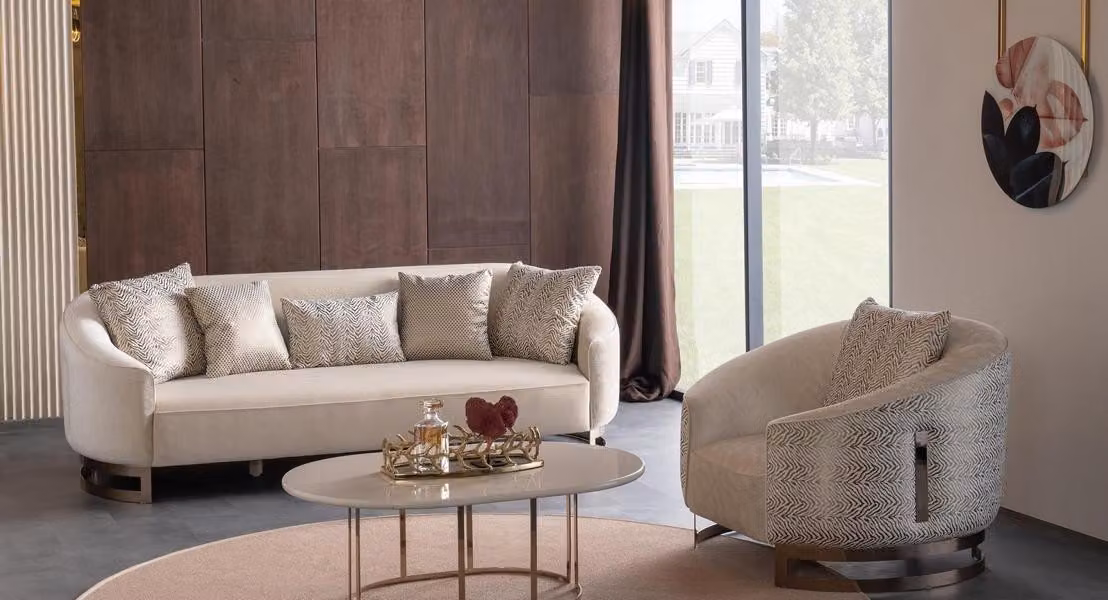 Luxus Couchgarnitur Sofa 3 Sitzer Sessel Dreisitzer Couch Beige Gold
