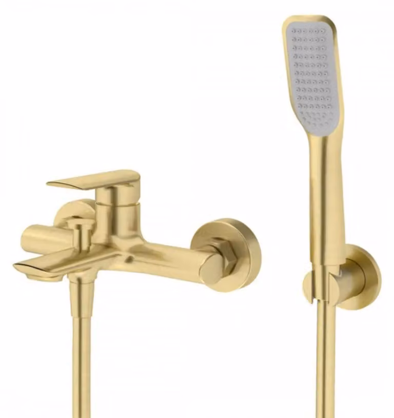 Rubinetteria per vasca da bagno con doccetta, finitura oro spazzolato