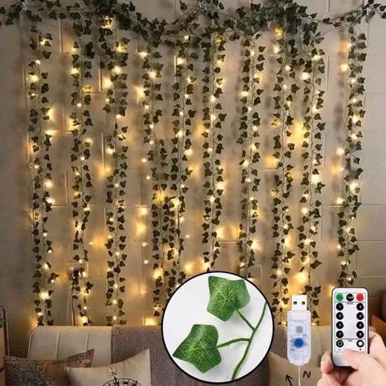 Ghirlanda di edera sintetica 3 m x 2 m, 200 LED, alimentazione USB, bianco caldo, per la parete della camera da letto, decorazione per feste.