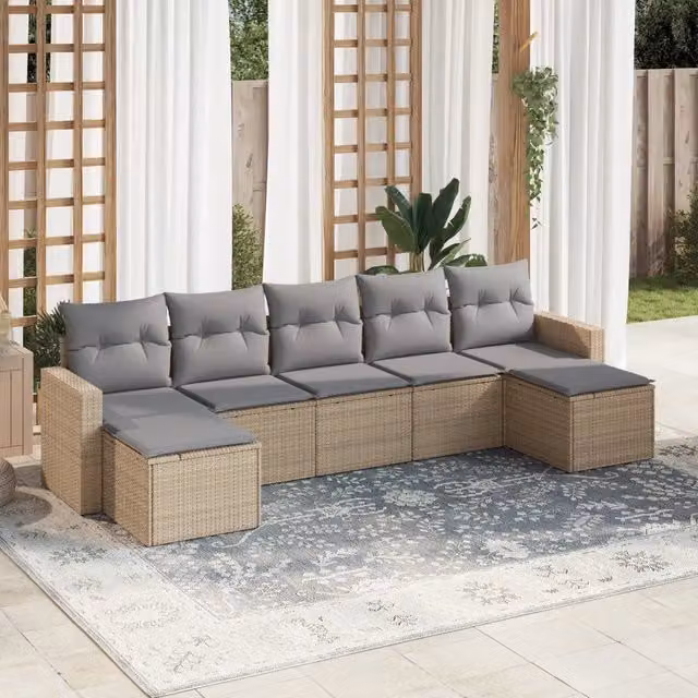 vidaXL Set Divani da Giardino 7 pz a Forma a L in Polyrattan con Cuscini Beige e Grigio – 1