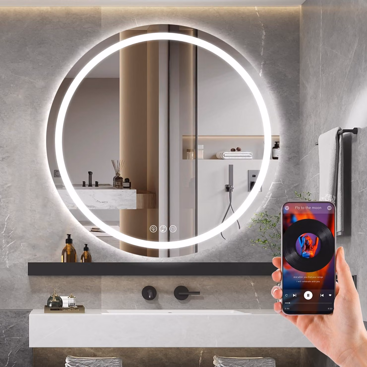 Specchio da bagno a LED, forma rotonda, diametro 80 cm, con Bluetooth, dimmerabile, 3 tonalità di luce, antiappannamento