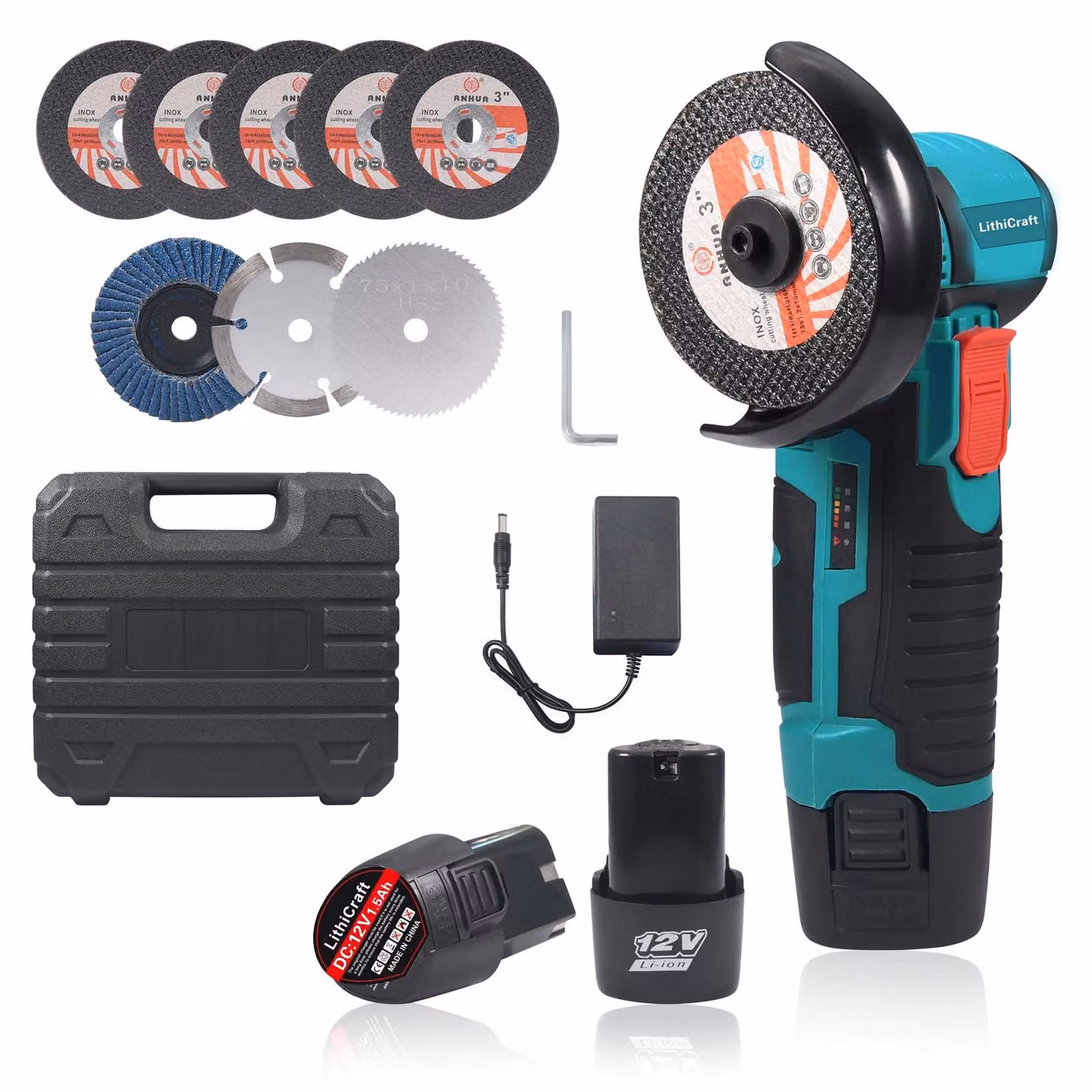 Smerigliatrice angolare mini a batteria da 12V con motore brushless, inclusa di 2 batterie e 8 dischi da taglio