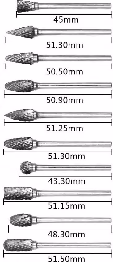Set di frese di alta qualità, carburo di tungsteno (10 pezzi, gambo 3 mm)