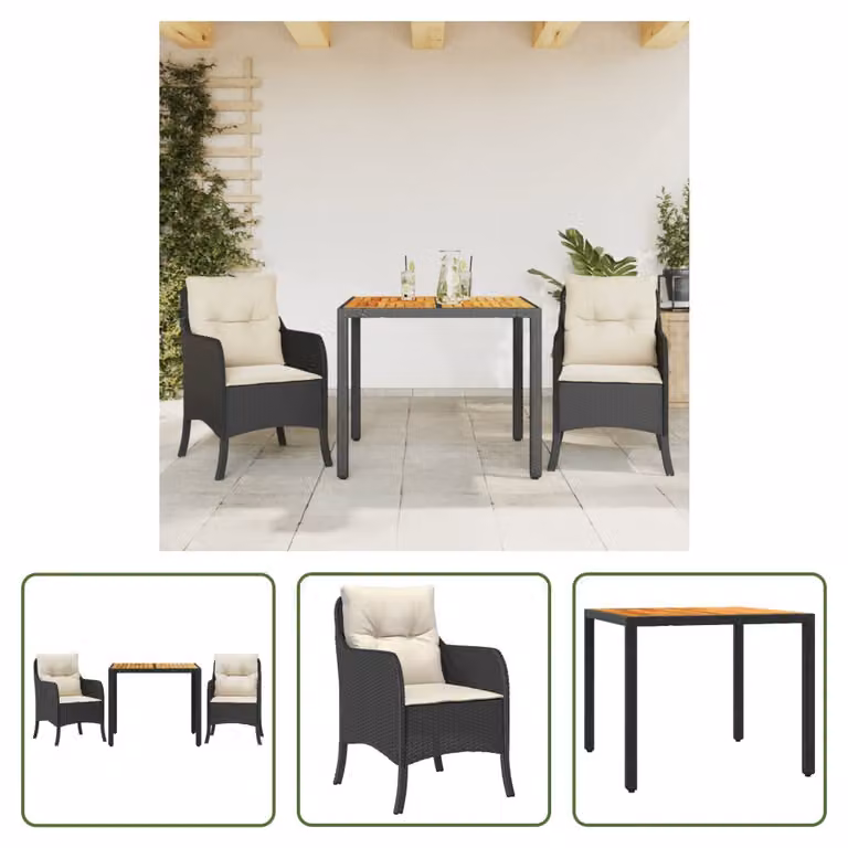 The Living Store Set da pranzo da giardino in 3 pezzi con cuscini in poly rattan nero