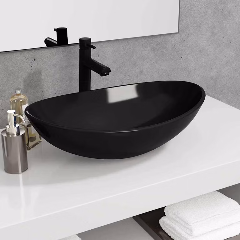 Lavandino da appoggio ovale in vetro temperato vidaXL Nero L: 54,5 cm, P: 35,0 cm, H: 15,5 cm