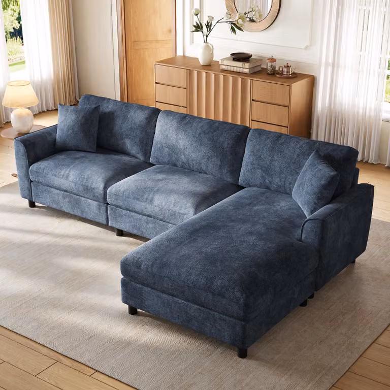 Divano angolare MODFU a 3 posti, con forma avvolgente, chaise longue con elemento reclinabile regolabile a sinistra o a destra, divano relax con superficie di riposo di 90 cm di larghezza, divano angolare in velluto, colore blu