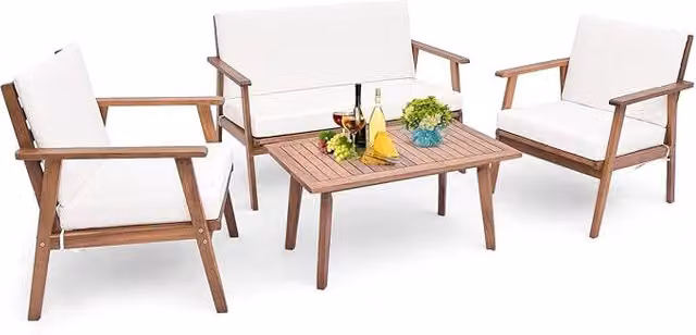 Set di Conversazione da Esterno in 4 Pezzi, Set da Divano in Legno di Acacia con Cuscini Morbidi per Sedile e Schienale, Tavolino da Caffè Rettangolare, per Patio Giardino Piscina (Bianco)