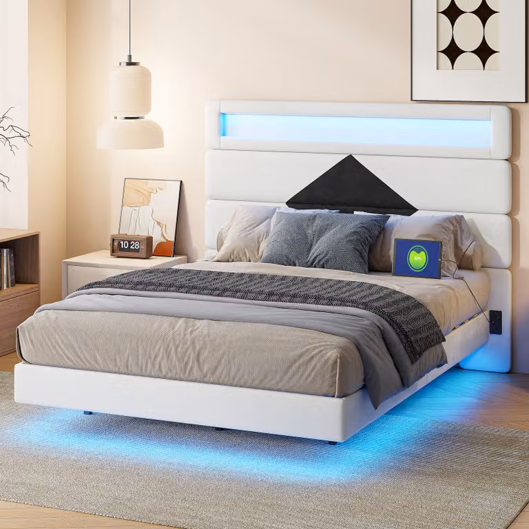 Letto imbottito ProximaX, testata a forma di diamante, asse di legno regolabile, 2 porte di ricarica USB, strisce luminose su testata e pediera, 140×190 cm, bianco + nero, velluto, caricatore UE