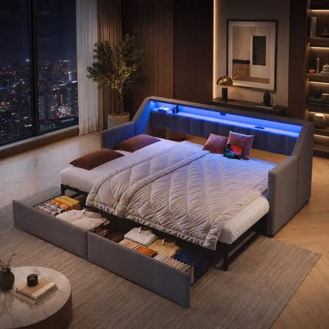 Letto da banco 90x200 cm; divano letto convertibile con USB e Type-C; striscia LED; cassetti 2 e tasche portaoggetti; Lin; Gray