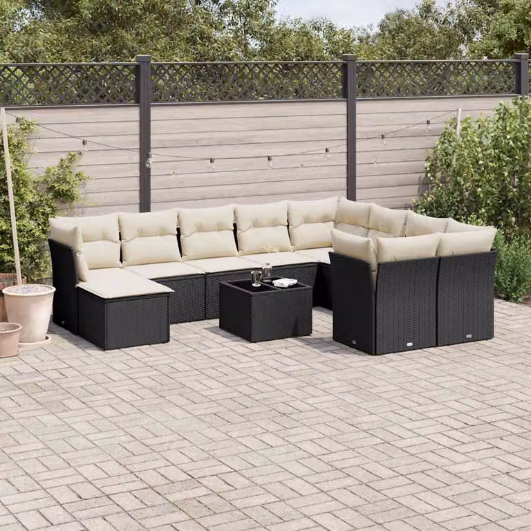 vidaXL Set Divani da Giardino 11 pz a Forma a U con Cuscini, Tavolino e Ottoman, Colore Nero e Bianco