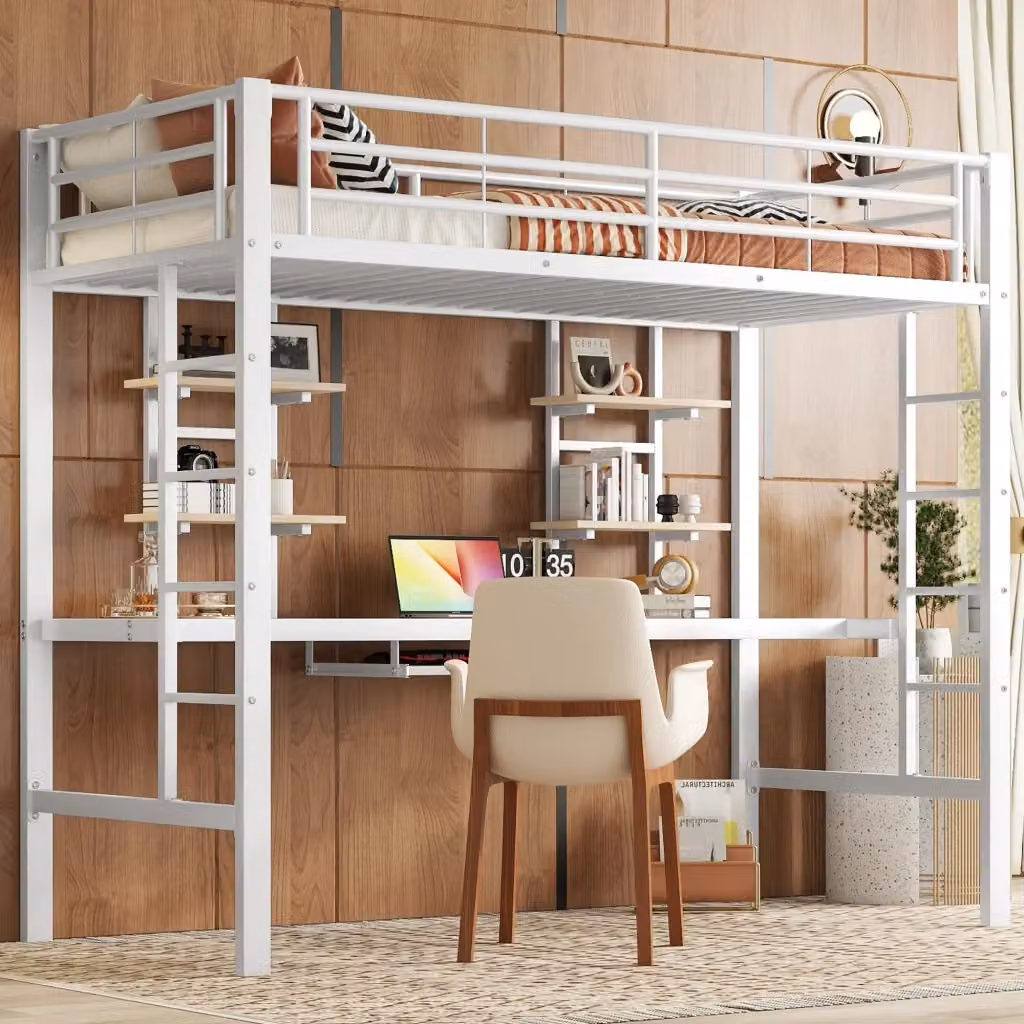 Letto a soppalco WISHDOR in metallo e MDF con scrivania e librerie, bianco, L/P/H: 200 x 90 x 180 cm – 2