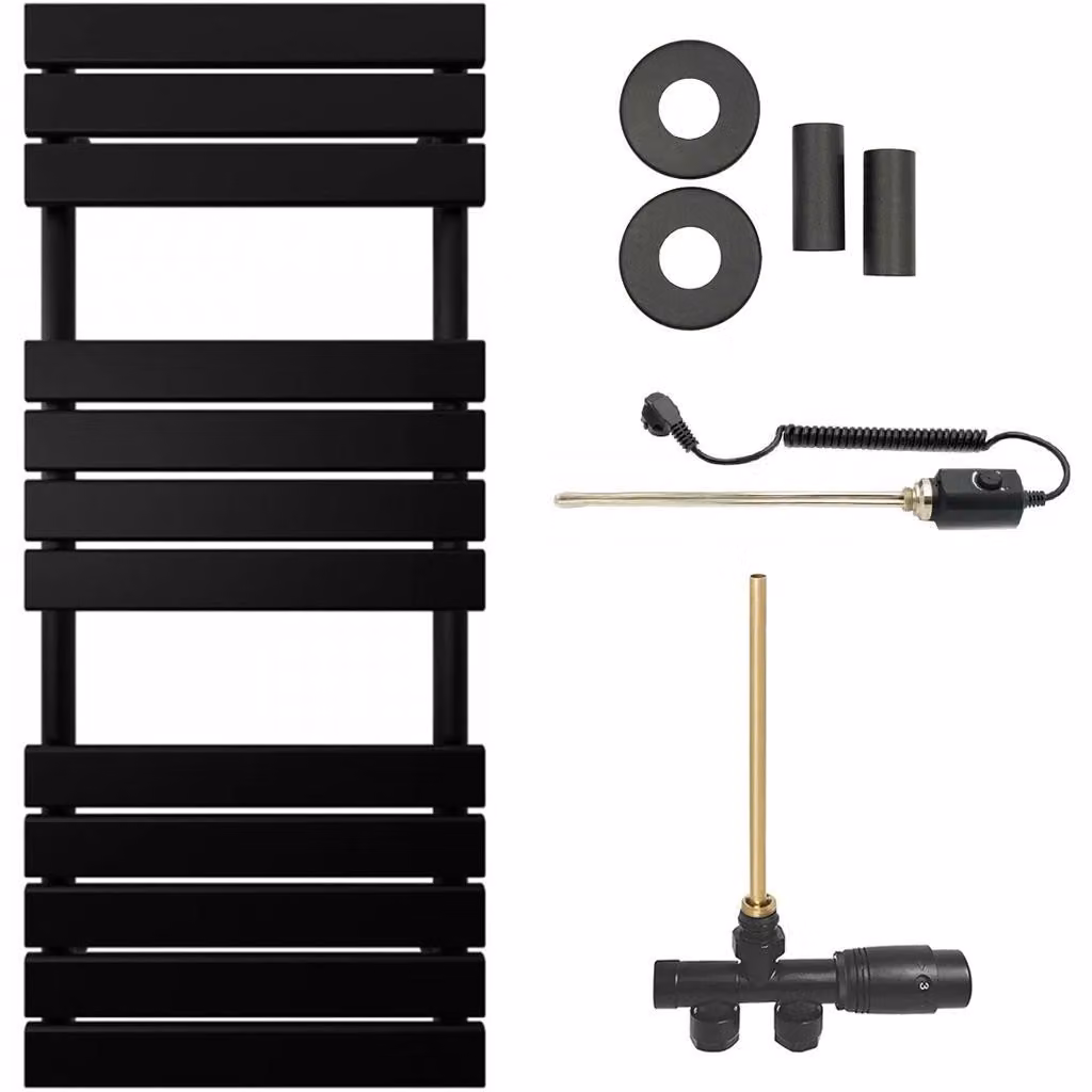 CERANO - Set radiatore da bagno Claude - riscaldamento combinato, barra termica - attacco laterale a punto singolo - 650 W - nero opaco - 1200 x 500 mm