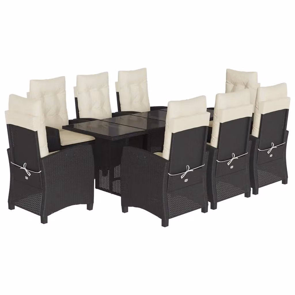 Set da pranzo da giardino vidaXL in polyrattan nero con cuscini bianchi e tavolo in vetro, 9 pezzi – 2