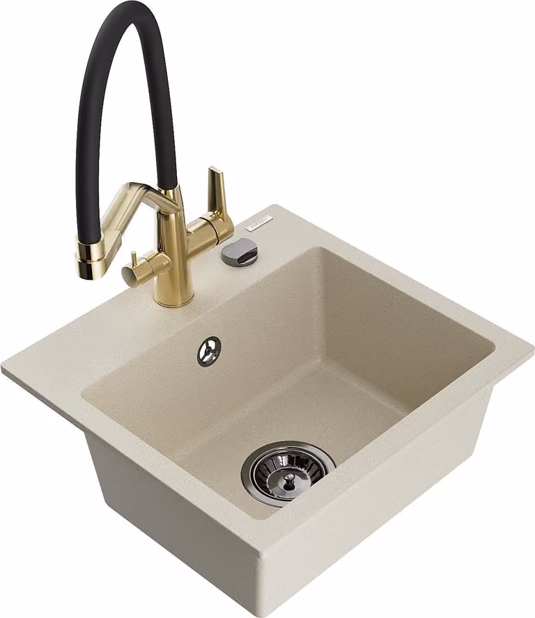 Mexen Milo lavello da cucina in granito a 1 vasca con miscelatore Duo, beige - 6505-69-671701-57-B