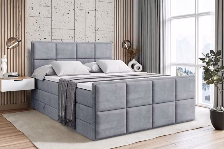 Letto boxspring ALTDECOR con pediera, 2 materassi e topper - 120x200 cm - NOVA-Z KING - Grigio velluto - Letto imbottito con materassi H3 e H4, contenitore e rete a doghe, letto con contenitore