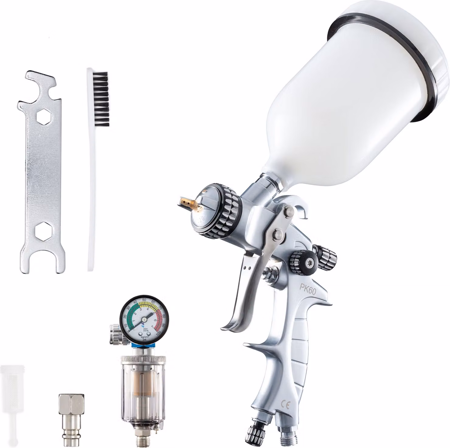 Pistola a spruzzo Benbow PK60, set da 9 pezzi, con separatore olio/acqua, ugello da 1,8 mm nel set, serbatoio da 600 ml, pressione 2 bar