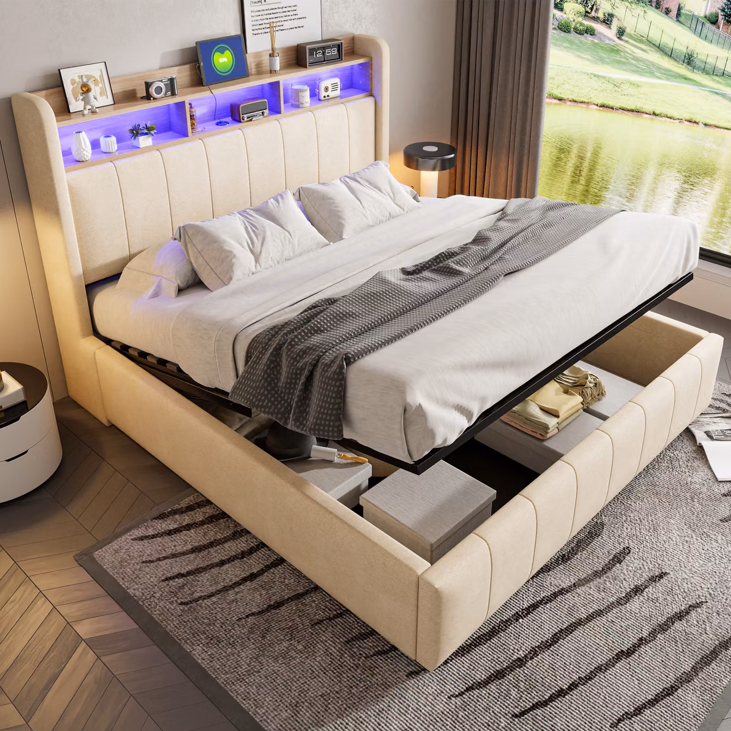 Letto imbottito Flieks 160x200cm con USB &Type-C, letto a molle insacchettate letto contenitore con LED e testata contenitore, letto matrimoniale letto per ragazzi, biancheria, beige
