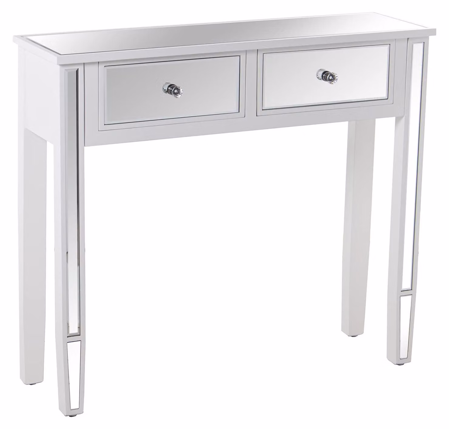 Tavolino con 2 cassetti, struttura in legno e piano in specchio, dimensioni 90x25x80 cm, colore bianco