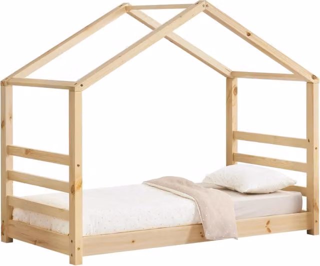 Letto a Casetta Vardø en.casa in Legno di Pino Naturale per Cameretta Bambini L: 160 cm, P: 80 cm, H: 134 cm