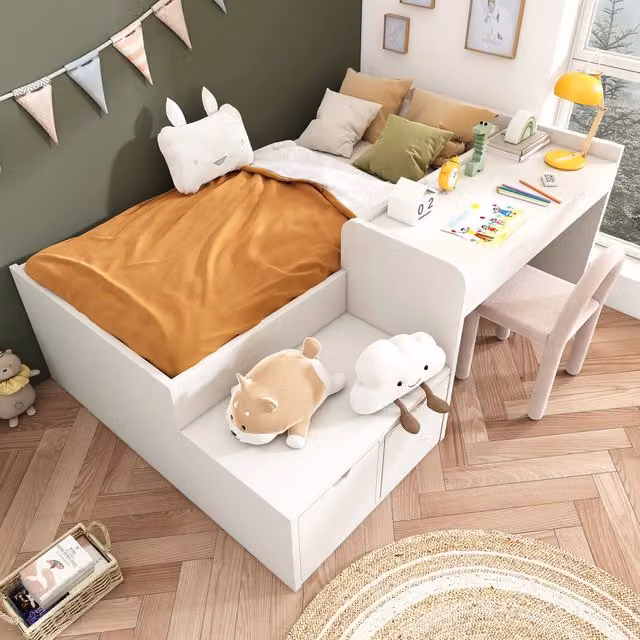 Letto per bambini 90 × 200 cm con scrivania, 2 cassetti e vano inferiore, senza materasso, bianco in legno massello