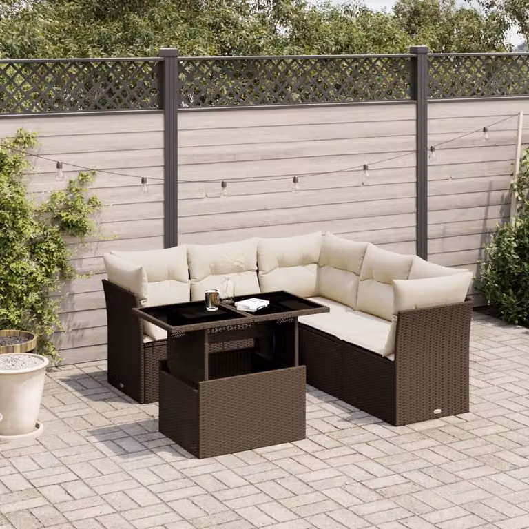 vidaXL Set Divano da Giardino a L 6 pz con Cuscini Marrone e Bianco in Polyrattan e Acciaio