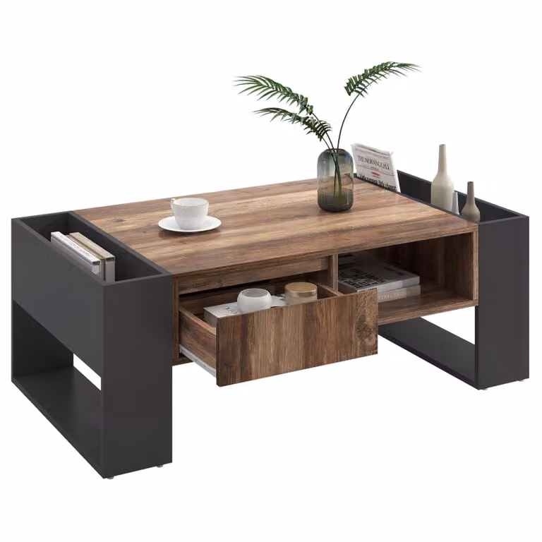 Tavolino Fortuna Lai in legno venato con 1 cassetto e vani portaoggetti, nero + grigio