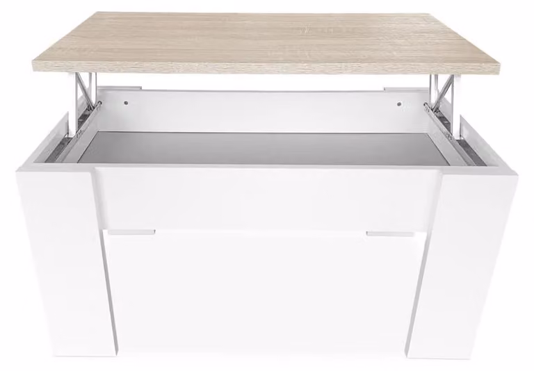 Tavolino da divano regolabile in altezza, dimensioni 90x50 cm, bianco con piano in materiale Cambria