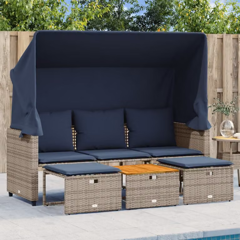 vidaXL Divano da giardino a 3 posti con baldacchino, sgabelli e tavolino in Polyrattan Grigio
