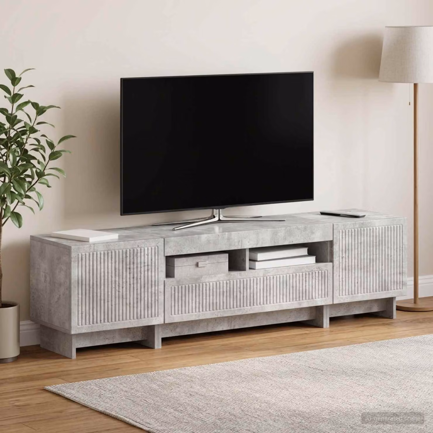 Mobile TV stand vidaXL moderno in legno ingegnerizzato e grigio cemento con illuminazione LED integrata e compartimenti media L: 81,0 cm, P: 35,0 cm, H: 43,0 cm