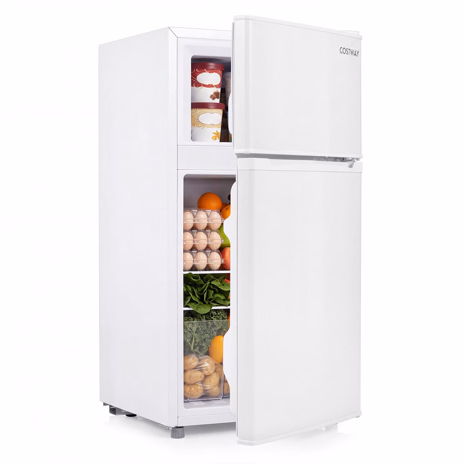 Costway Piccolo frigorifero combinato 100l 7 livelli di temperatura ripiani regolabili e luce led, Mini frigo doppia porta con congelatore per ufficio camera