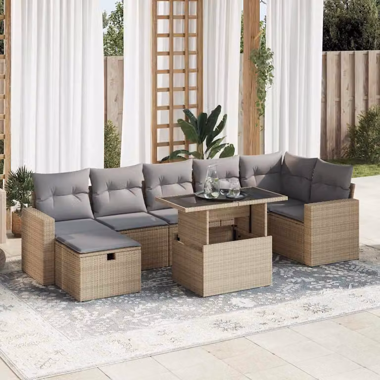 Set Divano da Giardino vidaXL 8 pz in Polyrattan con Cuscini Beige