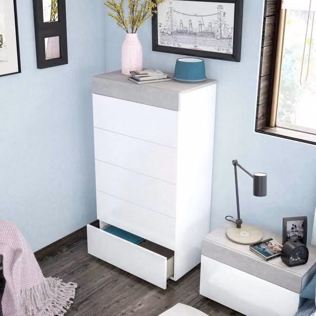 Cassettiera Armo DMORA con 5 cassetti per camera da letto, design moderno, Bianco opaco, L: 61 cm, P: 40 cm, H: 118 cm
