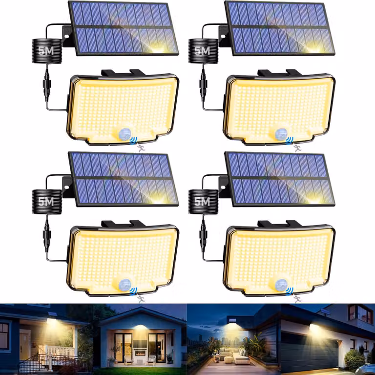 Lampade solari da esterno, set da 4, 318 LED, luce bianco caldo, grado di protezione IP65, con sensore di movimento