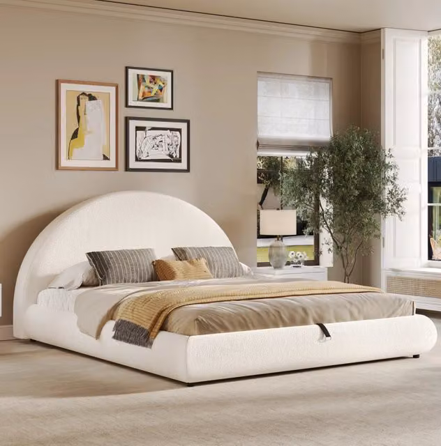 Letto matrimoniale imbottito 160x200 cm con contenitore, rete a doghe e testiera imbottita in tessuto bouclé bianco
