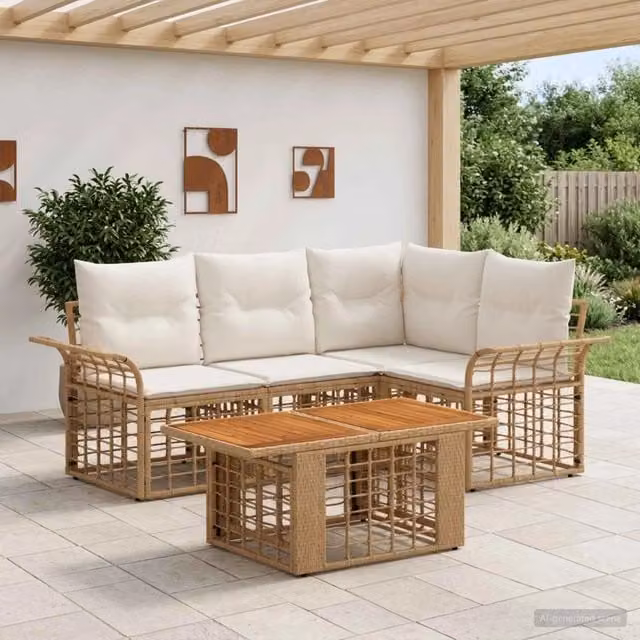 Set Divano da Giardino 5 pz Naturale e Bianco Crema polyrattan 3437976