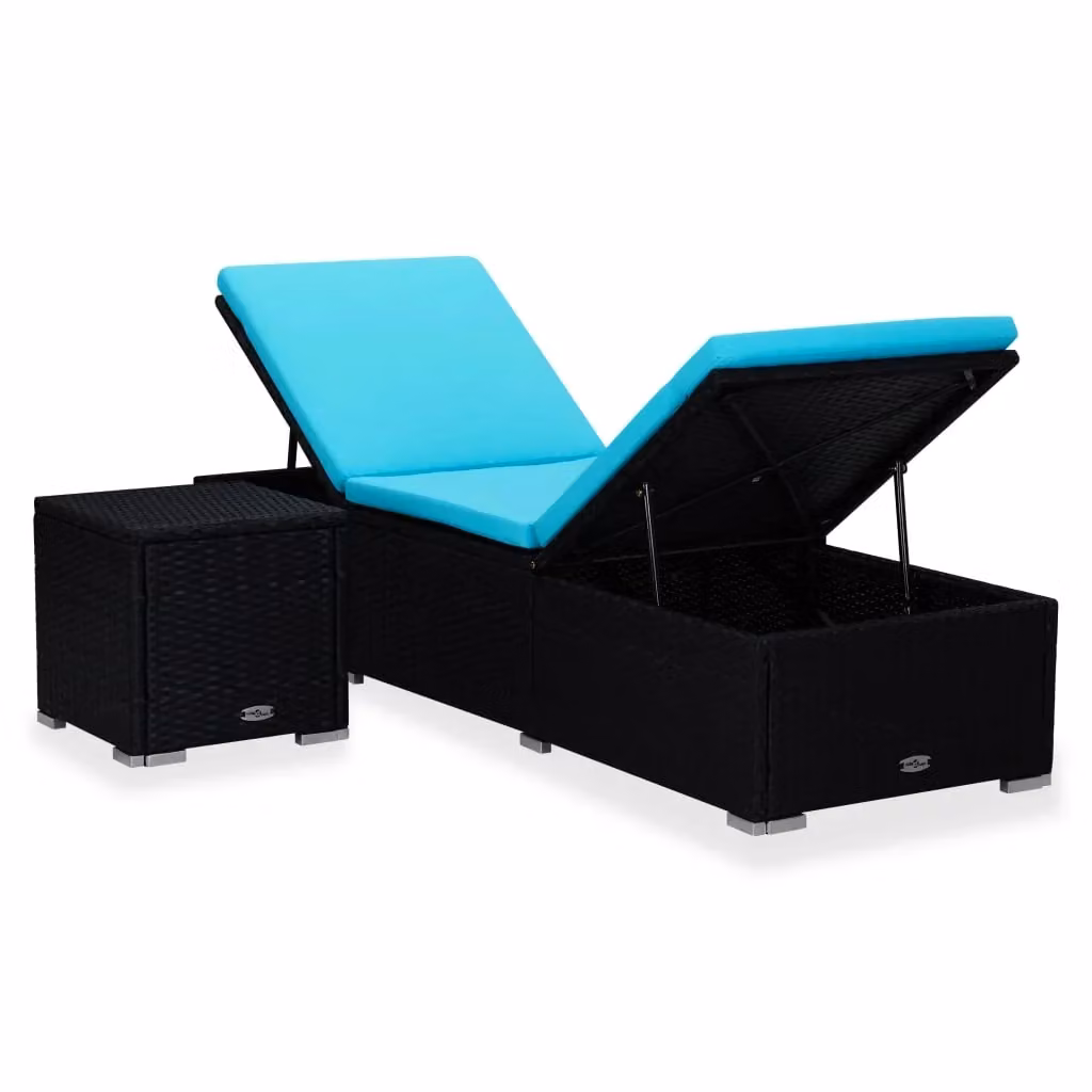 Lettino prendisole da esterno Outsunny con cuscino e tavolino in resina intrecciata nera e blu – 2