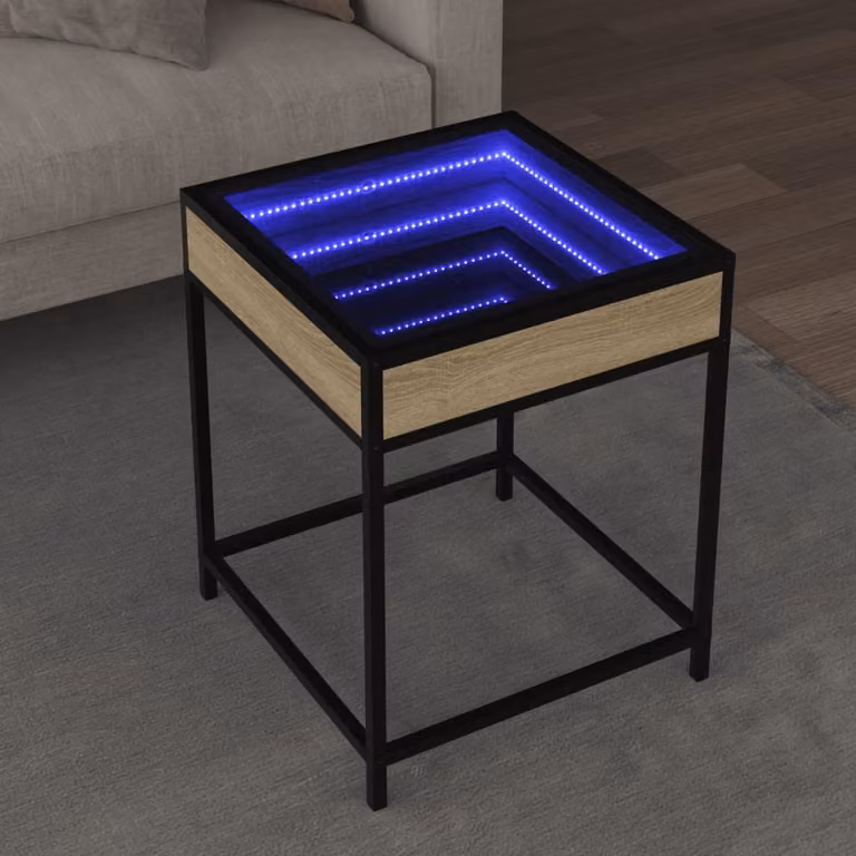 vidaXL Tavolino da Salotto Moderno con LED in Rovere e Vetro, L/P/H: 40 x 40 x 51 cm