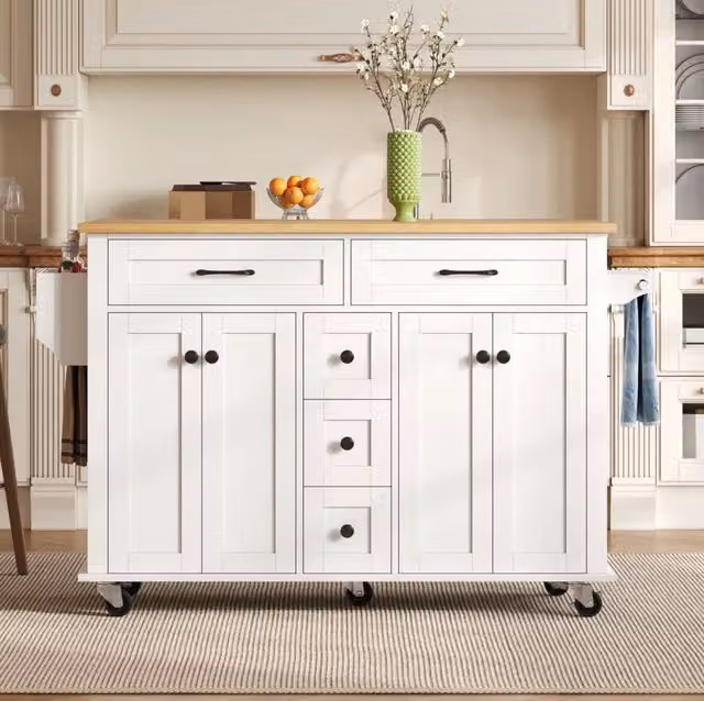Carrello da cucina con piano allungabile; 5 ruote; 5 cassetti e 2 armadietti; MDF bianco/naturale