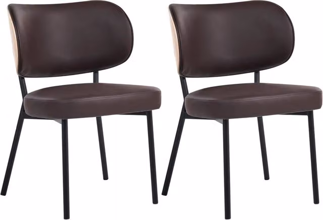 Set di 2 sedie da pranzo in ecopelle marrone scuro con gambe in ferro nero, senza braccioli con coprigambe design moderno minimalista sala da pranzo