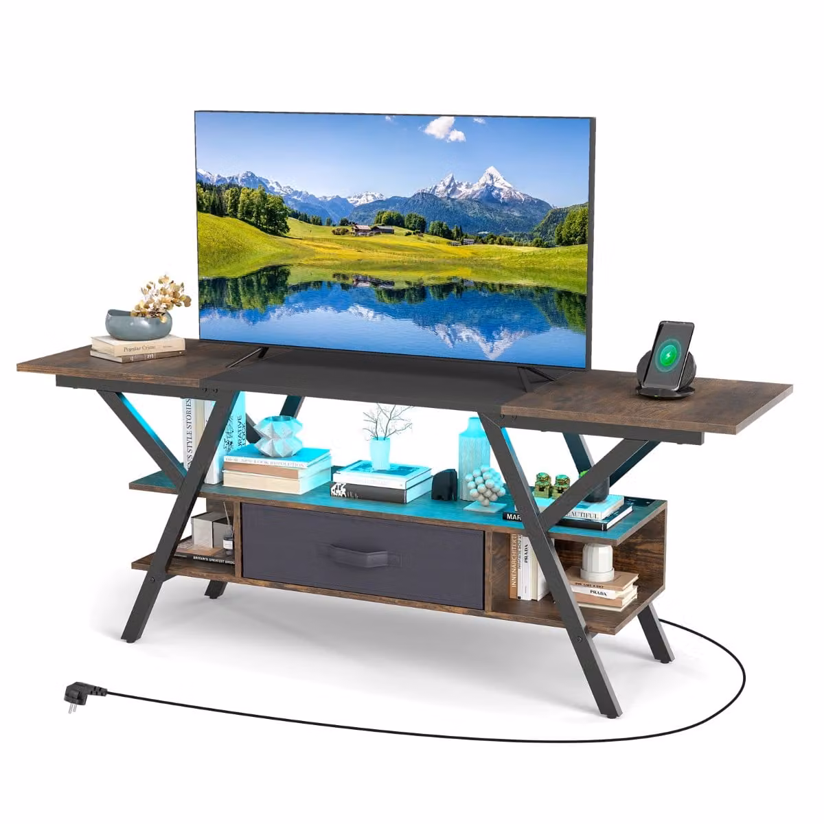 Mobile porta TV Costway in legno marrone con luci LED integrate e prese di corrente per televisori fino a 65 pollici